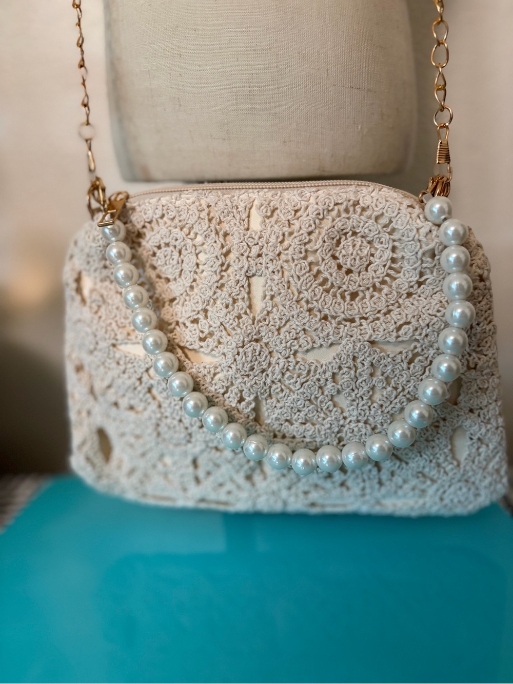 Cream Crochet Pearl-Trim Wristlet Clutch and Crossbody Boho